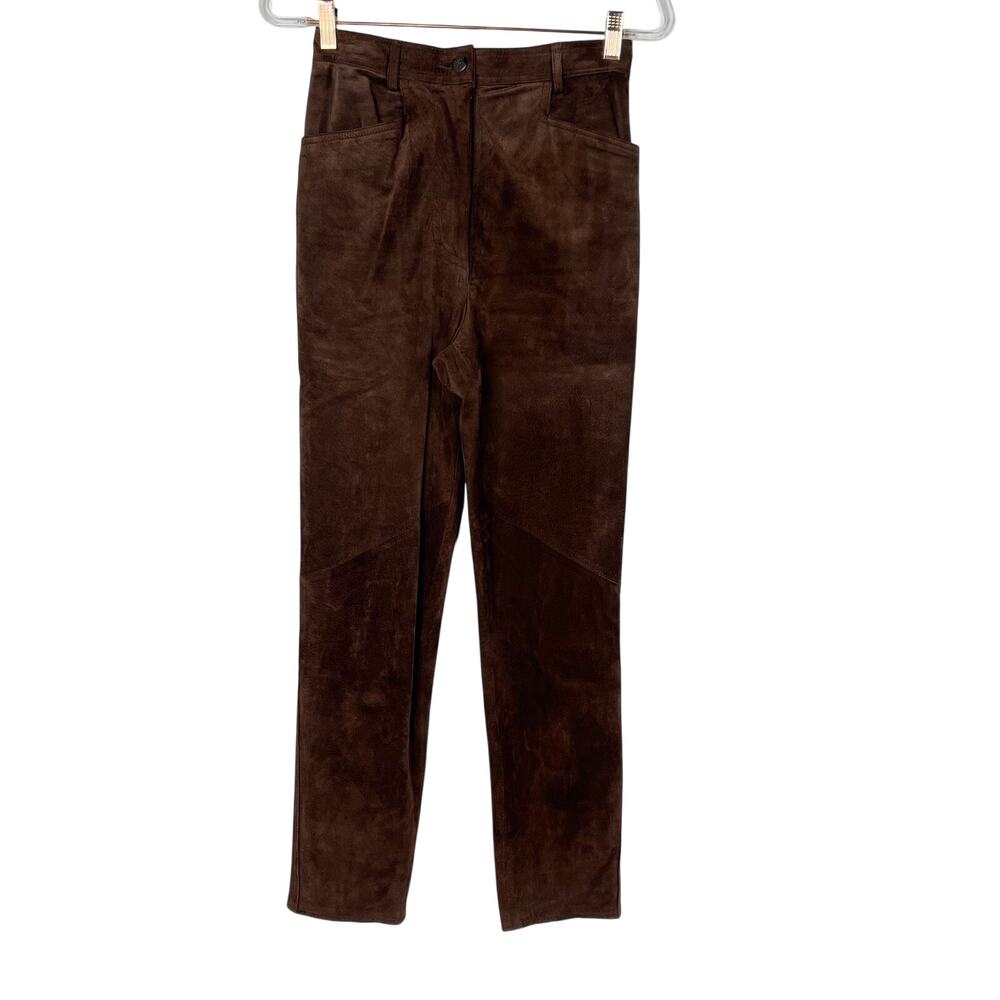 Lord & Taylor Womens 4P Petite Brown Suede Leather High Rise Straight Leg Pants